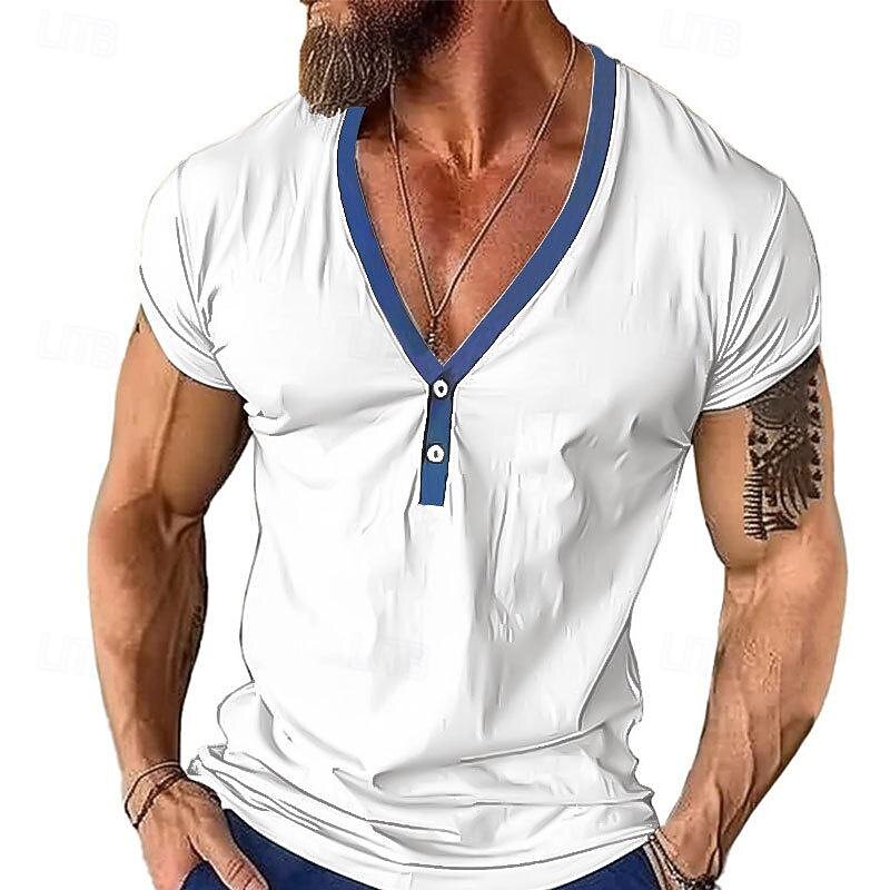 Men's Button T Shirt T Shirt Henley Shirt Tee Short Sleeve V Neck Spring & Summer Color Block Fashion Designer Basic Patchwork Vacation Street Going out Black White Dark Red Top Tee for Men2