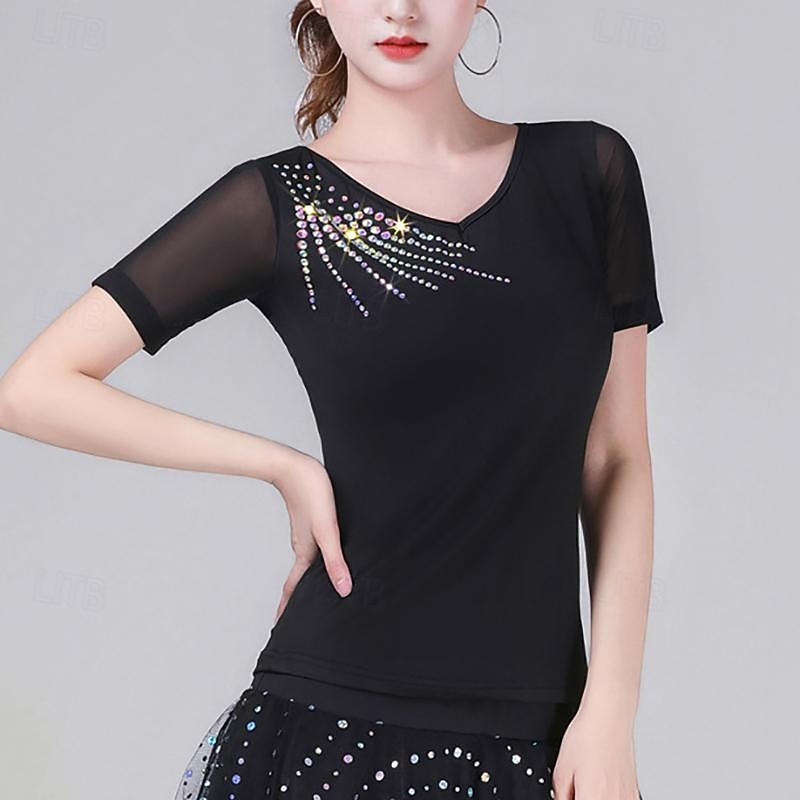 Latin Dance Ballroom Dance Top Pure Color Splicing Crystals / Rhinestones Women's Performance Training Short Sleeve High Polyester3