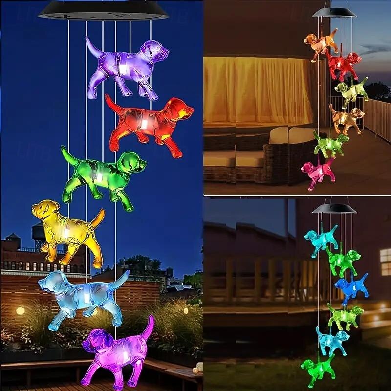 Puppy Solar Wind Chimes Light Color Changing Crystal Dog Shaped Garden Landscape Light Outdoor Waterproof Balcony Yard Patio Hanging Light Christmas Party Holiday Decoration
