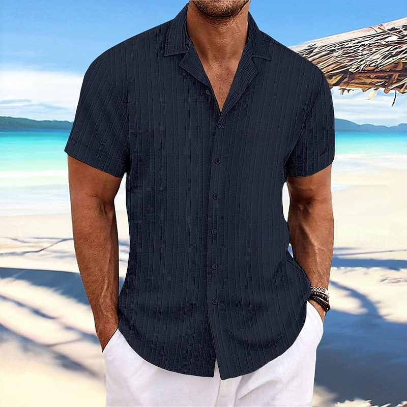 Men's Shirt Summer Shirt Beach Wear Button Up Shirt Casual Shirt Black White Navy Blue Blue khaki Short Sleeve Stripes Lapel Daily Vacation Clothing Apparel Fashion Casual Comfortable4