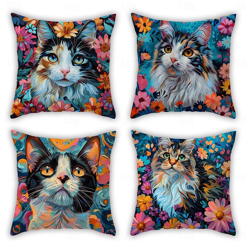 Flower Cat Decorative Toss Pillows Cover 4PC Soft Square Cushion Case Pillowcase for Bedroom Livingroom Sofa Couch Chair2