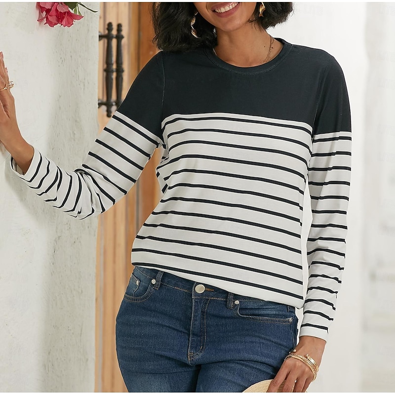 Women's T shirt Long Sleeve Crew Neck Long Sleeve Tunic Striped Basic Round Neck Regular Tops Daily Weekend Print Black White Red Blue Gray Fall & Winter Prefall2