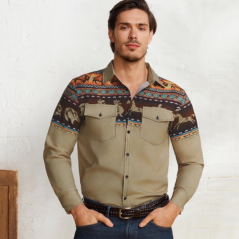 Men's Tribal Bandana Print Shirt Western Shirt Cowboy Shirt Long Sleeve Vintage Tribal Outdoor Street Casual Daily Fall & Winter Turndown Buttons Print Yellow Gray4