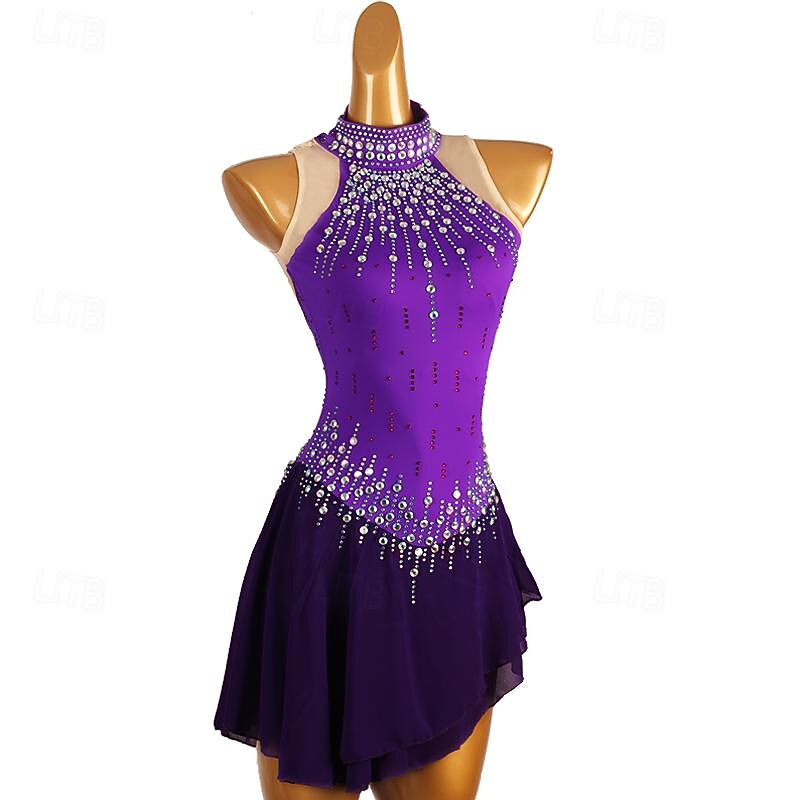 Figure Skating Dress Women's Girls' Ice Skating Dress Purple Patchwork Open Back Mesh Spandex High Elasticity Training Competition Skating Wear Classic Crystal / Rhinestone Sleeveless Ice Skating2