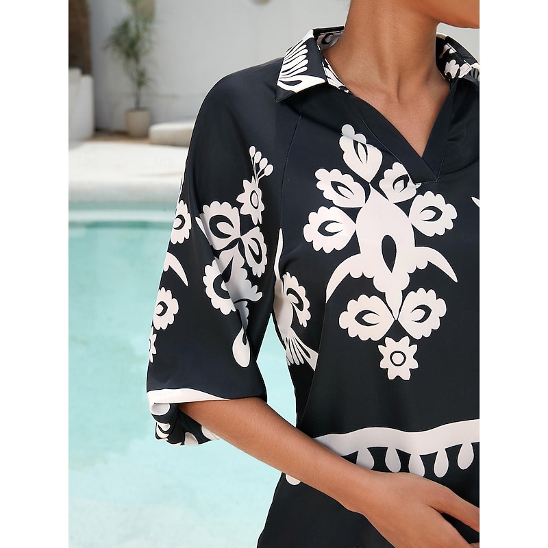 Satin Classic Print Lapel Straight Shirt Set3