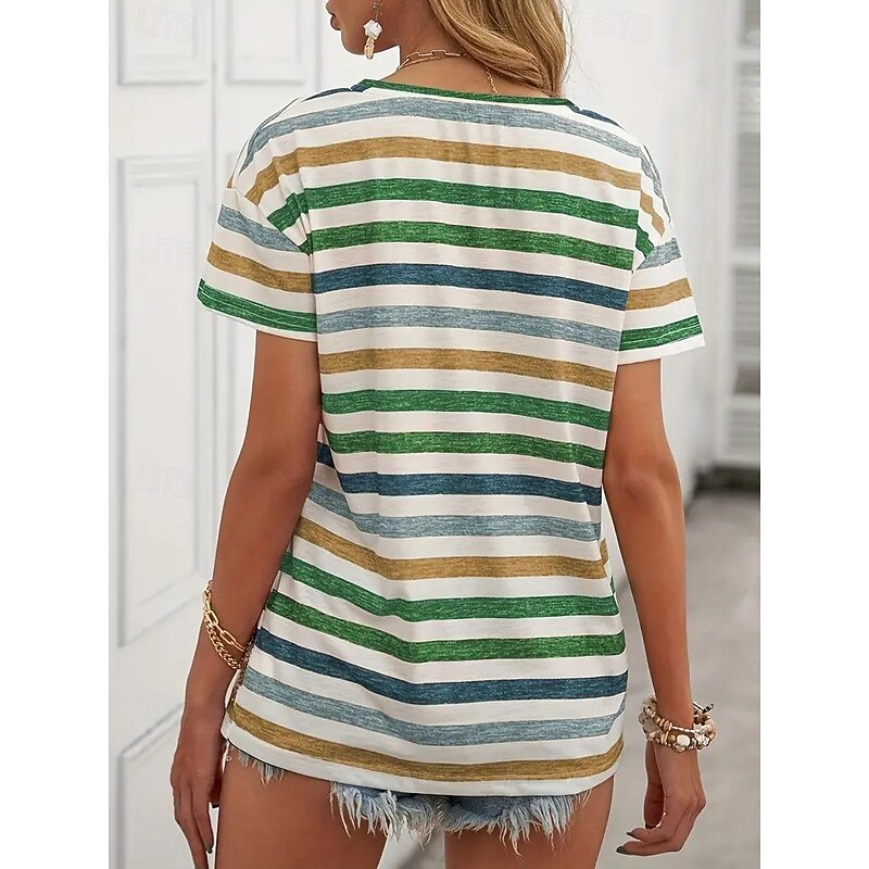 Women's T Shirt Striped Fashion Short Sleeve Round Neck Regular Tops Daily Weekend Print Orange Green Summer2