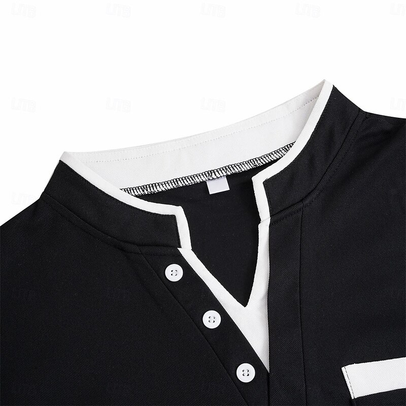 Men's Collarless Golf Shirts Banded Collar Shirt Street Casual Notched V Neck Short Sleeve Fashion Basic Plain Button Summer Regular Fit Black White Navy Blue Gray Collarless Golf Shirts4