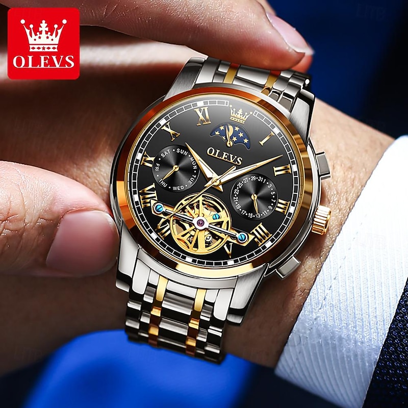 OLEVS Men Mechanical Watch Fashion Business Wristwatch Automatic Self-winding Moon phase Luminous Waterproof Steel Watch4