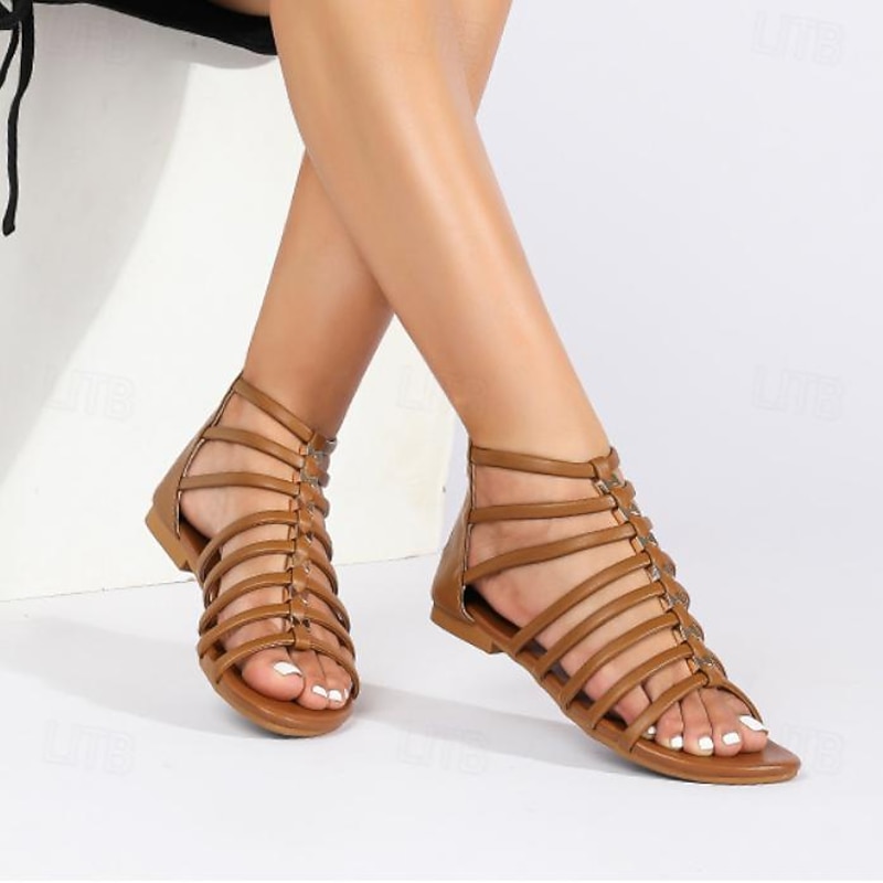 Women's Brown Gladiator Sandals – Strappy Flat Summer Shoes with Open-Toe Design for Casual Beach & Vacation Wear