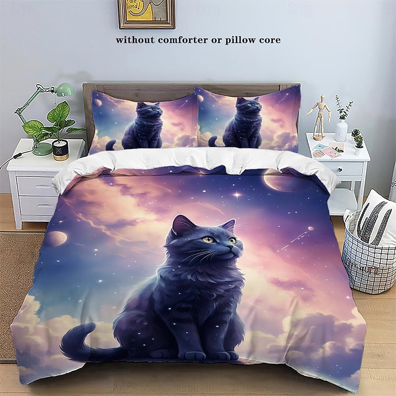 Starry Sky Black Night Cat Duvet Cover 3-piece Set Plush Cloth Lightweight and Soft Short Fluff Set for Summer
