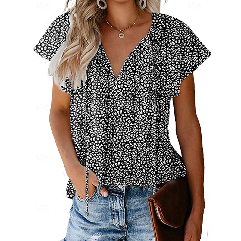 Women's Shirt Blouse Leopard Casual Short Sleeve V Neck Regular Tops Daily Lace up Print Black Yellow Red Blue Green Summer
