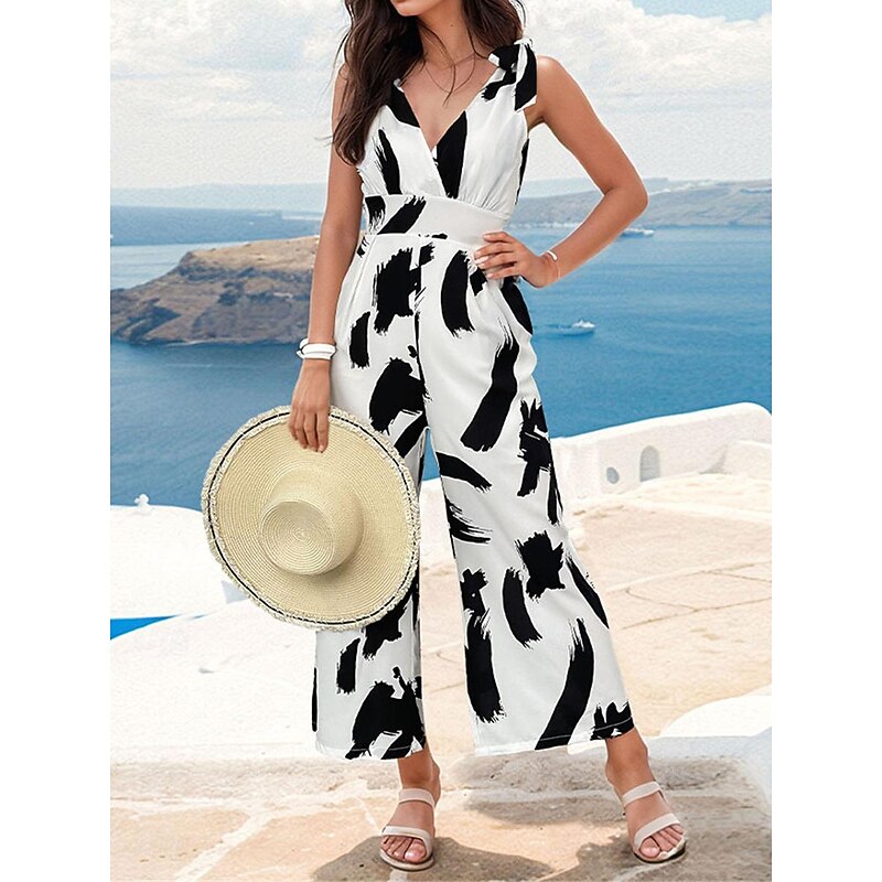 Women's Normal Jumpsuit Elegant Graphic Sleeveless V Neck Print Work Street Regular Fit White Summer4