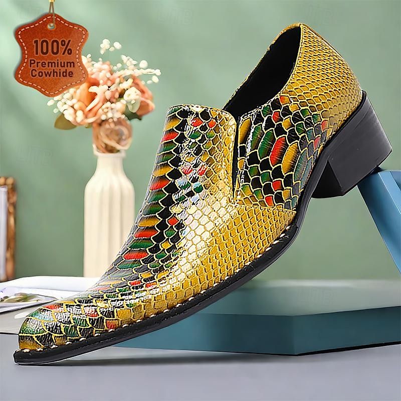 Men's Colorful Mosaic Snakeskin Print Leather Loafers with Low Block Heel