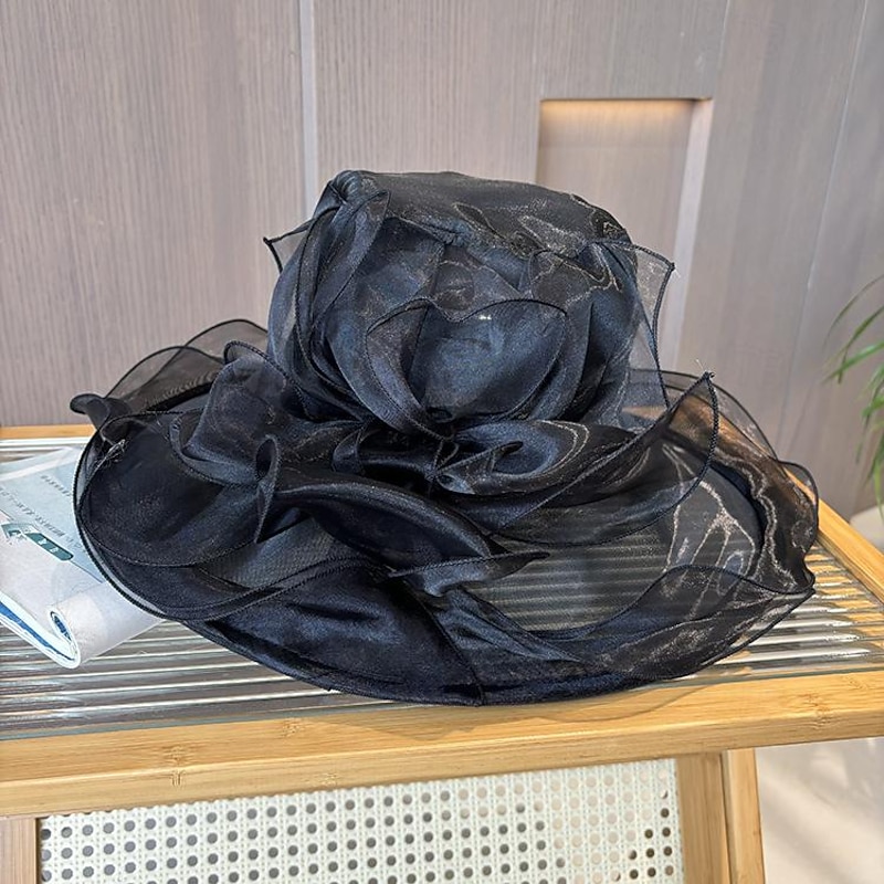 Fascinators Hats Headwear Organza Bucket Hat Floppy Hat Sun Hat Casual Holiday Elegant Vintage With Flower Pure Color Headpiece Headwear3