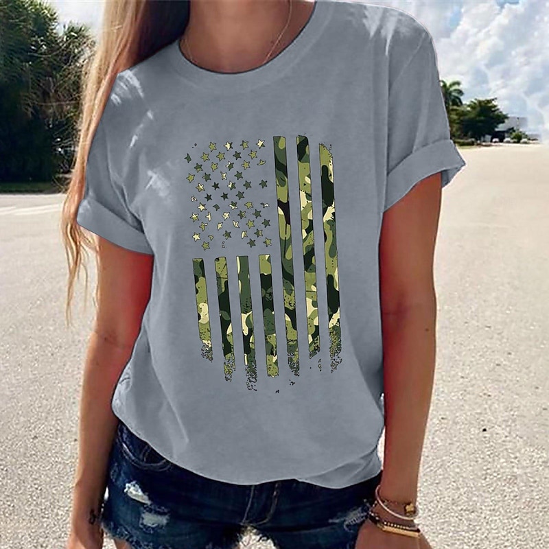 Women's T Shirt USA Casual Short Sleeve Round Neck Regular Tops Vacation Independence Day Print Black White Green Gray Summer3