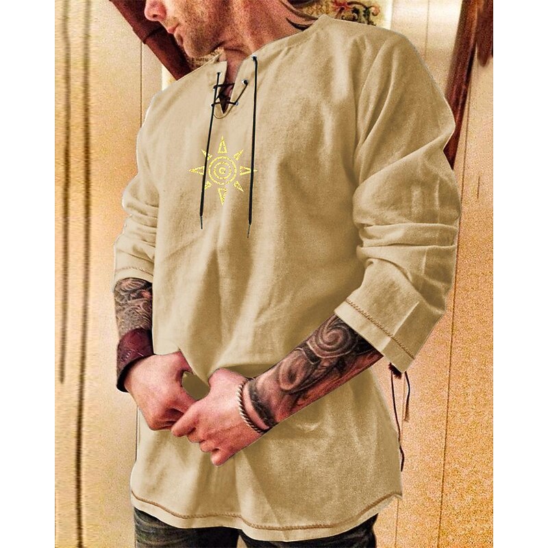 Men's Shirt Cotton Linen Shirt Casual Shirt Sun Party / Evening Masquerade Black Blue Khaki Army Green Long Sleeve Crew Neck Spring &  Fall Clothing Apparel Lace up