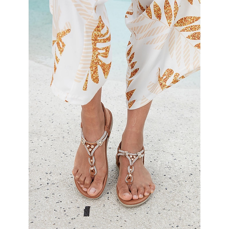 Women's Boho T-Strap Beaded Sandals – Casual Flat Summer Shoes with Elastic Ankle Strap, Perfect for Beach and Everyday Wear2