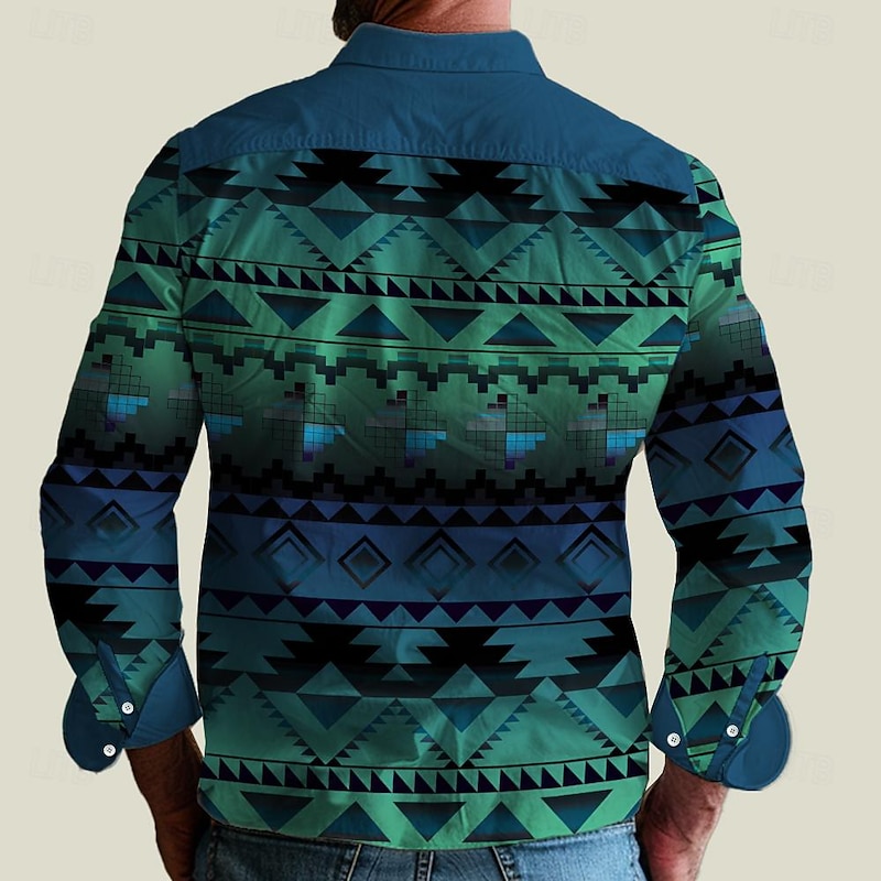 Men's Tribal Southwestern Print Shirt Western Shirt Cowboy Shirt Long Sleeve Western Style Tribal Outdoor Summer Spring Fall Shirt Collar Blue2