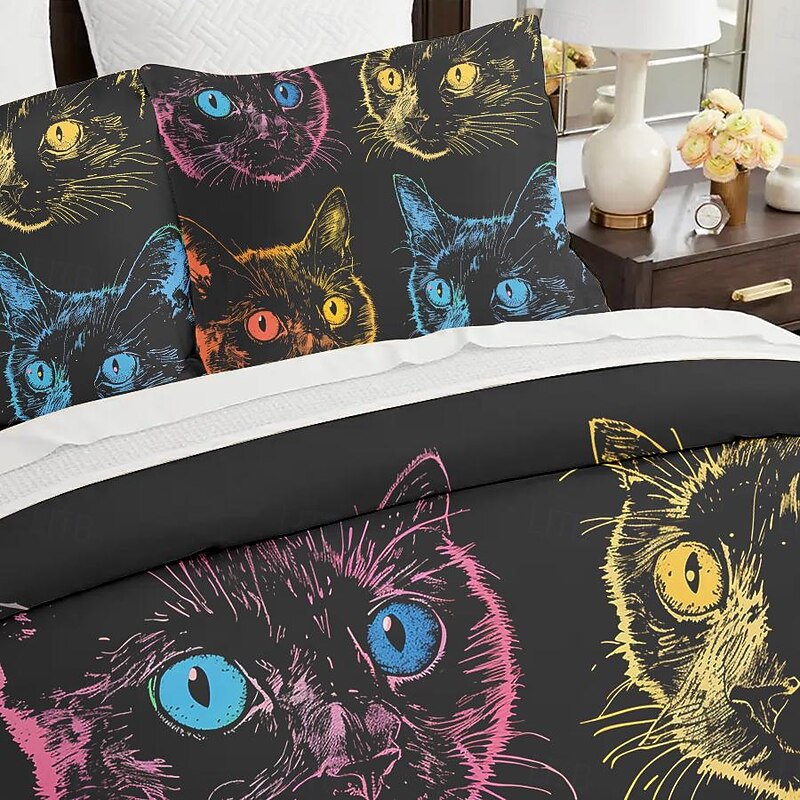 100% Cotton Colorful Cat Duvet Cover 3-Piece Set Plush Cloth for Summer Soft Skin Friendly Long Lasting Comfy Lightweight2
