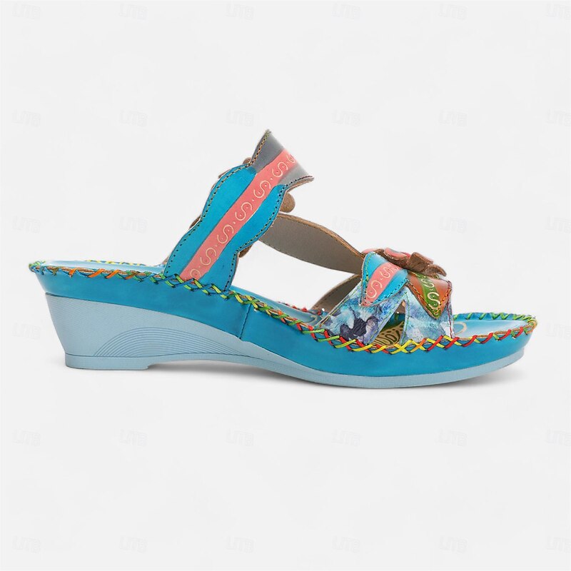Women's Colorful Floral Wedge Sandals with Hand-Painted Leather and Embossed Details, Bohemian Open Toe Summer Slides for Casual Outfits and Vacation3