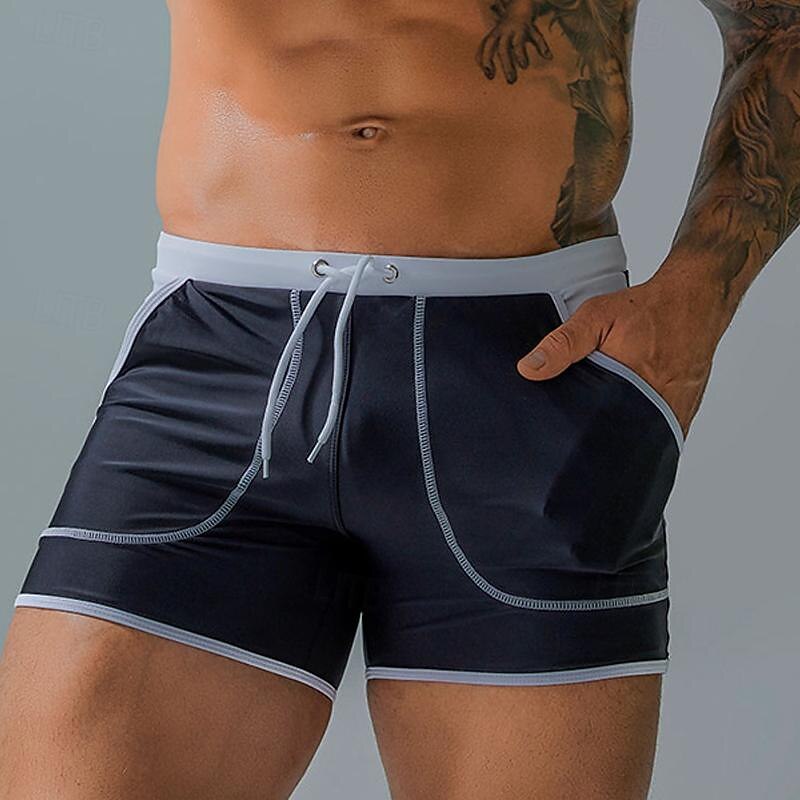 Men's Board Shorts Swim Shorts Swim Trunks Patchwork Drawstring Elastic Waist Color Block Comfort Quick Dry Short Holiday Beach Weekend Fashion Casual Lake blue Black Micro-elastic2