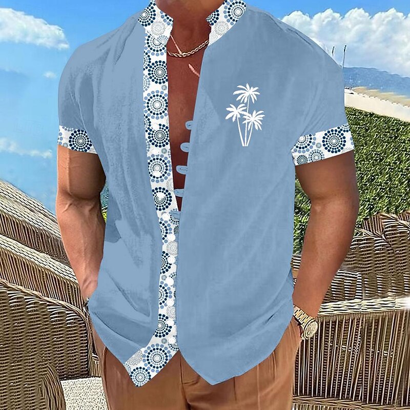 Men's Color Block Palm Tree Ethnic Summer Hawaiian Shirt Aloha Shirt Printed Shirts Short Sleeves Shirt Standing Collar Hawaiian Resort Vacation Holiday Daily Wear Blue Brown S M L