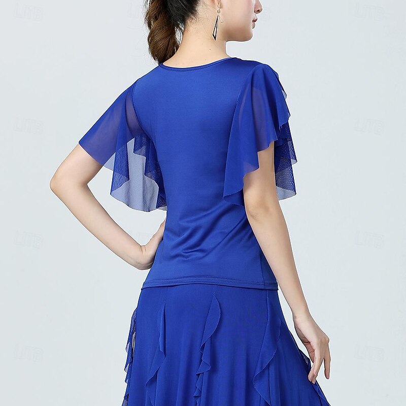 Latin Dance Ballroom Dance Top Pure Color Splicing Tulle Women's Performance Training Short Sleeve High Polyester3