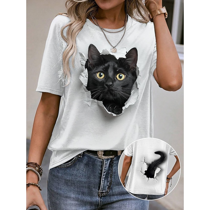 Women's T Shirt Casual Short Sleeve Round Neck Cat 3D Print Illusion Graphic Novelty Tee White Breathable Soft Comfortable Summer Daily Wear Pet Lovers Clothing