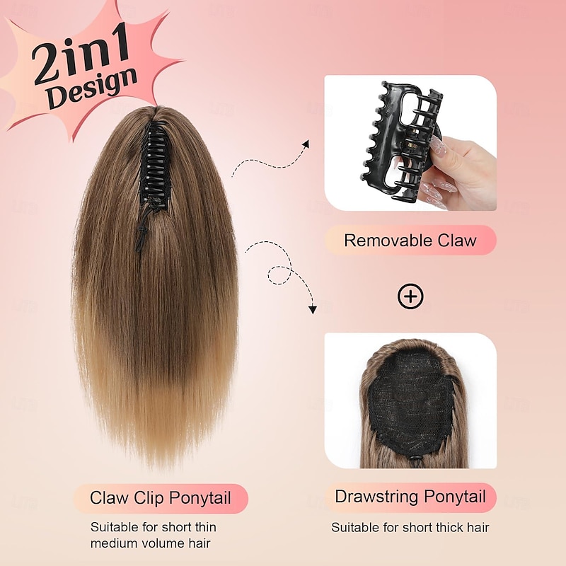 Ponytail Extension, 14" Short Claw Clip in Ponytail Straight for Short Hair Multi-Layered Fake Pony Tails Hair Extensions Heat-Resistant Hair Extensions Ponytail Brown with Caramel Highlights3