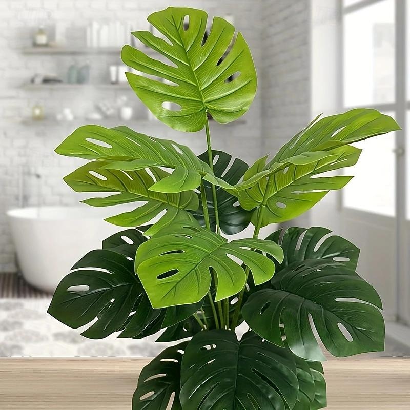 1pc Artificial Palm Tree Leaves Plant, Greenery Fake Tropical Plants, Artificial Monstera Tree Faux Fake Palm Fronds Plant, Suitable For Living Room Bedroom Home Decor, Spring Summer Decor2