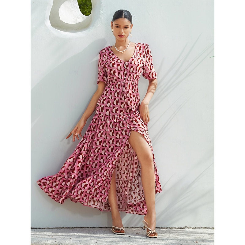 Women's Resort Wear Long Dress Maxi Dress Pink Short Sleeve Geometic Drawstring Spring & Summer V Neck beach vacation S M L