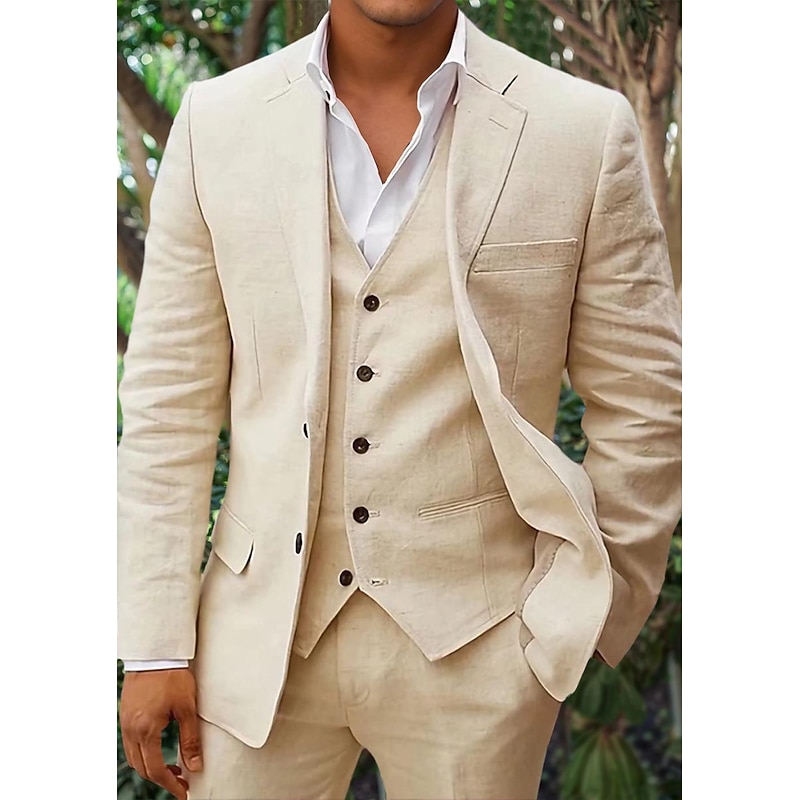 Men's Linen Suits Beach Wedding Summer Suits Solid Colored 3 Piece Tailored Fit Single Breasted Two-buttons Beige Sky Blue White2