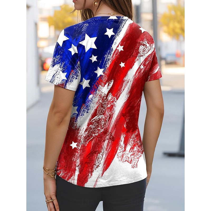 Women's Patriotic  T Shirt American Flag Casual Red White And Blue Short Sleeve V Neck Regular Tops Daily Red Summer2