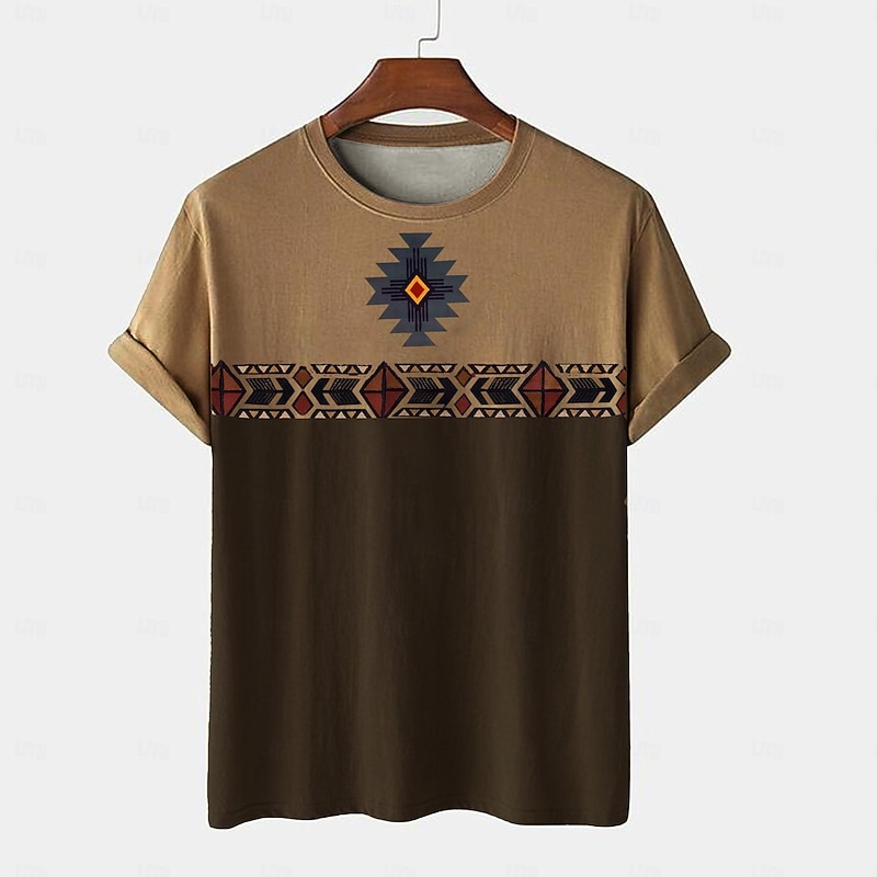 Men's Tribal Bandana Print T Shirt T shirt 3D Print Crew Neck Shirt Vacation Ethnic Athleisure Sports Outdoor Casual Hiking Brown Green Khaki Summer Spring Clothing Apparel S M L XL XXL XXXL