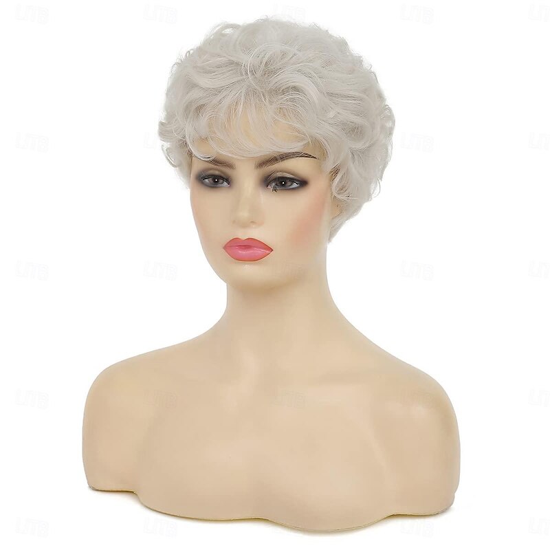 Short White Wigs for Women Synthetic Layered Curly Pixie Wig with Bangs Natural Looking Costume Hair Wig3