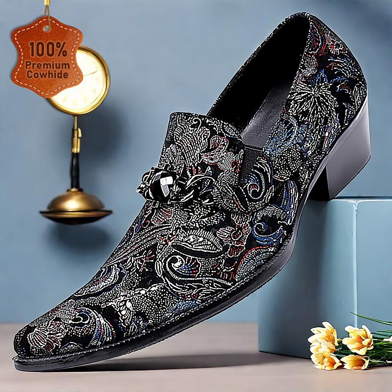 Men's Embroidered Floral Paisley Leather Dress Loafers with Decorative Buckle