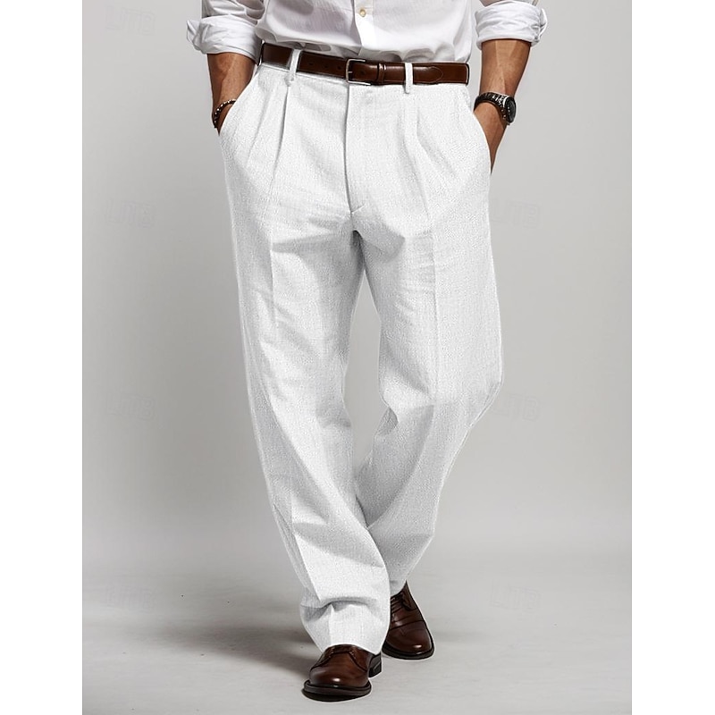 Men's Linen Pants Trousers Summer Pants Pleated Pants Front Pocket Straight Leg Plain Comfort Breathable Casual Daily Holiday Fashion Basic Black White2