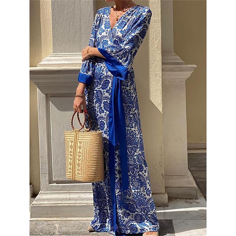 Women's Casual Dress Swing Dress Floral Print V Neck Long Dress Maxi Dress Hawaiian Casual Daily Vacation 3/4 Length Sleeve Summer2