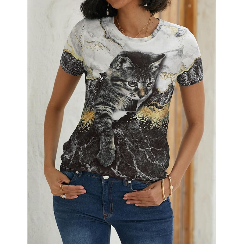Women's T shirt Tee Black White Blue Graphic Cat Print Short Sleeve Daily Weekend Vintage Round Neck Regular 3D Cat Painting S