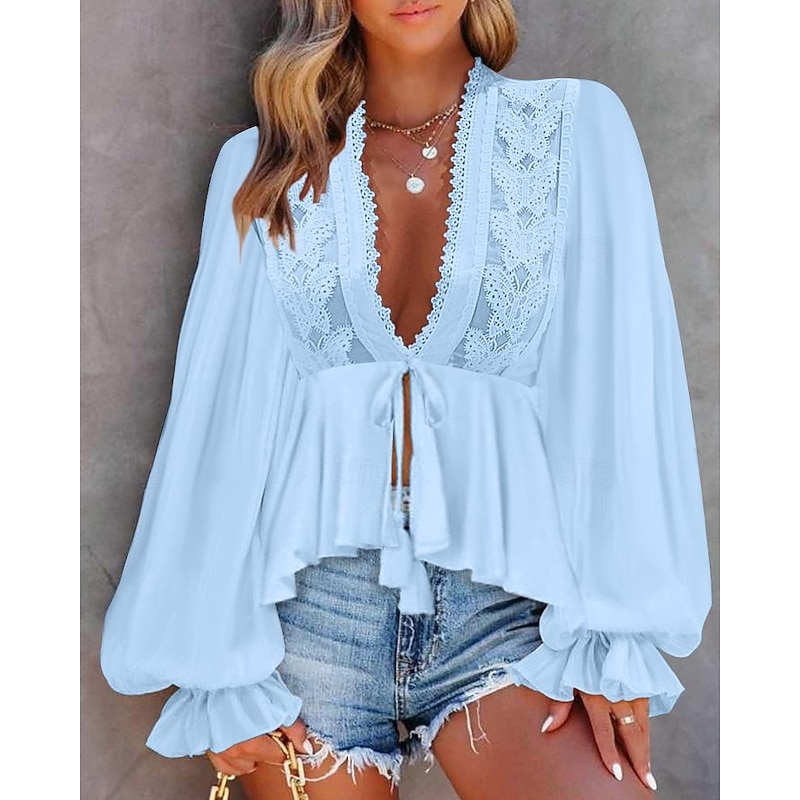 Women's Shirt Boho Shirt Blouse Plain Fashion V Neck Street Daily Lace White Sky Blue Summer4
