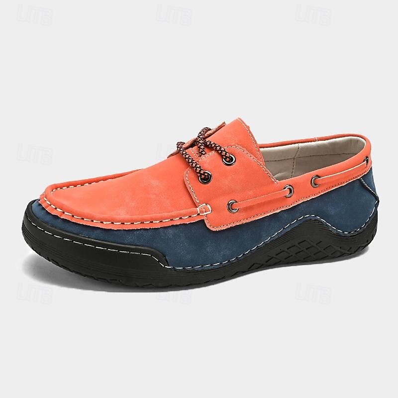 Men's Casual Orange and Navy Leather Boat Shoes with Lace-Up Design and Hand-Stitched Detailing – Comfortable and Stylish for Outdoor and Everyday Wear4