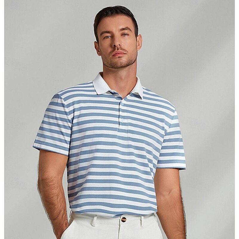 Men's Shirt Striped Horizontal Stripes Casual Cable Knit Polo Short Sleeve Outdoor Causal Casual Summer Print Turndown Black Blue Micro-elastic 48% cotton, 48% polyester, 4% spandex3