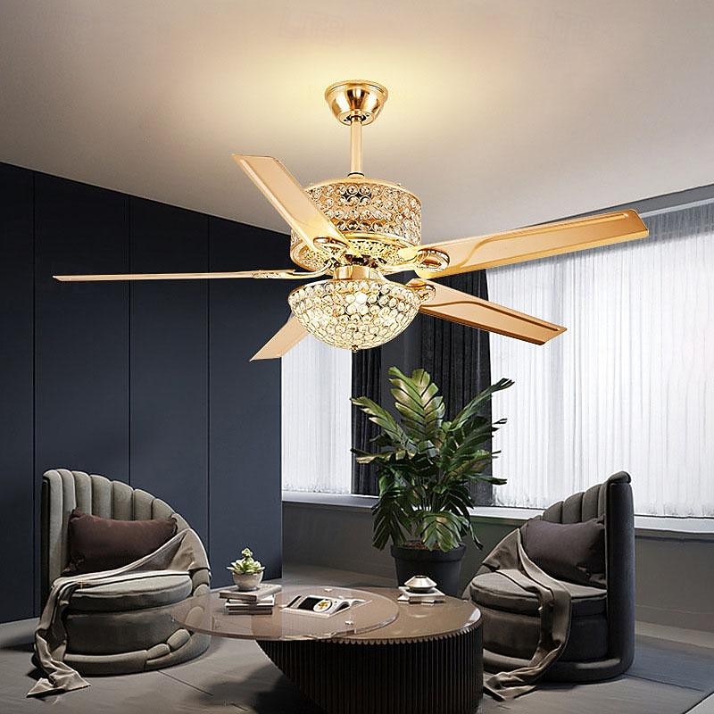 LED Ceiling Fan Light Crystal Gold Luxury Light 3-Color-Light Acrylic Modern Nordic Style Bedroom Dining Room 110-240V