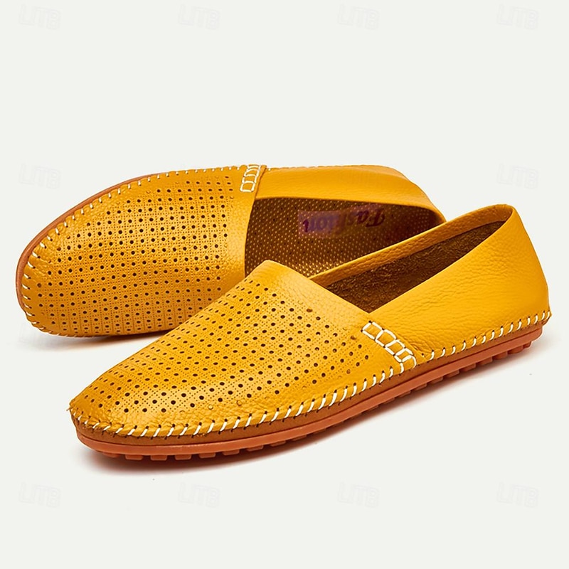Men's Yellow Perforated Leather Slip-On Loafers with Hand-Stitched Detailing - Casual Breathable Driving Shoes for Summer4