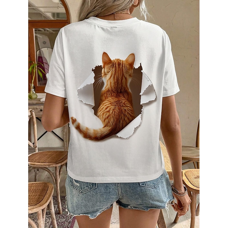 Women's T Shirt Fashion Cat Print Short Sleeve Regular Tops Round Neck Daily Weekend White Summer 3D cat3