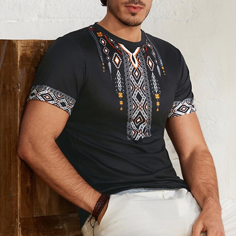 Men's Tribal Bandana Print T Shirt T shirt 3D Print Crew Neck Shirt Vacation Ethnic Athleisure Casual Hiking Black Summer Spring Clothing Apparel S M L XL XXL XXXL