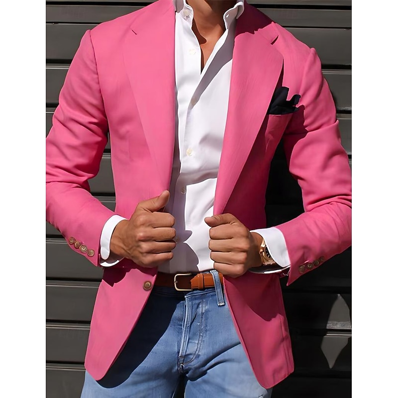 Men's Graduation Blazer Cocktail Attire Ceremony Wedding Party Business Attire Fashion Casual Spring &  Fall Polyester TR Plain Pocket Casual / Daily Single Breasted Blazer Light Pink Yellow Pink