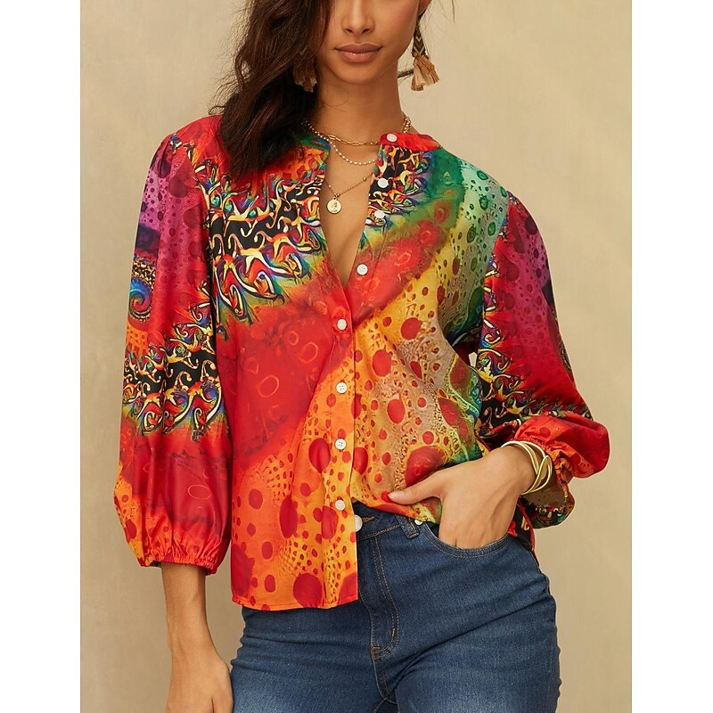 Women's Shirt Long Sleeve Button Down Blouse Daily Basic Neon & Bright Buttons Print Regular Tops V Neck Casual Yellow Orange Fall & Winter2