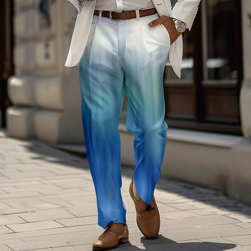 Men's Ombre Dress Pants Mid Waist Business Casual Wedding Dailywear Pocket Straight Leg Trousers Summer Spring Fall 3D Print Blue Green4