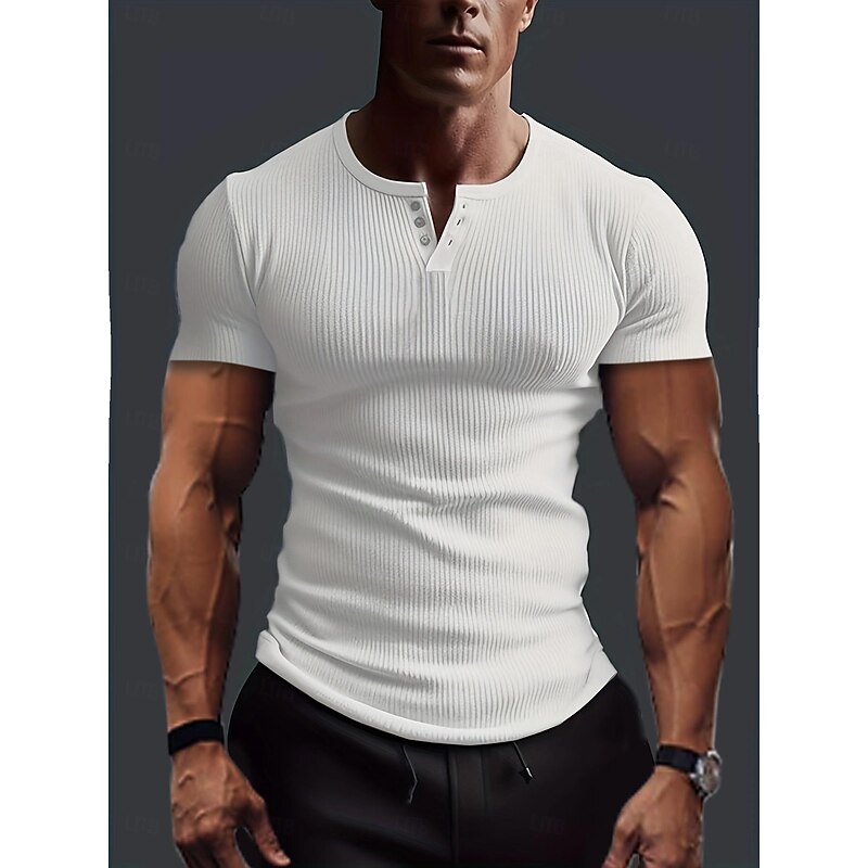 Men's Short Sleeve Shirt Muscle Shirt Ribbed Knit tee Tee Top Short Sleeve Solid Color Pit Strip Sports Daily Buttons Henley Outdoor Casual Summer Spring & Summer Dark Grey Black White Henley T-Shirt
